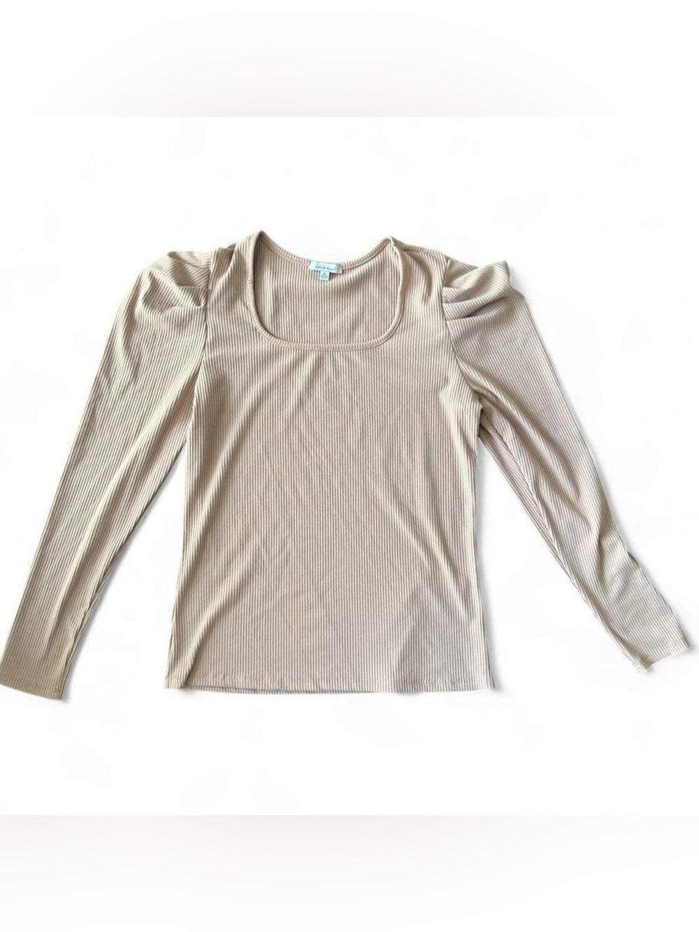 white birch Scoop Neck Ribbed Long Sleeve Top - Beige